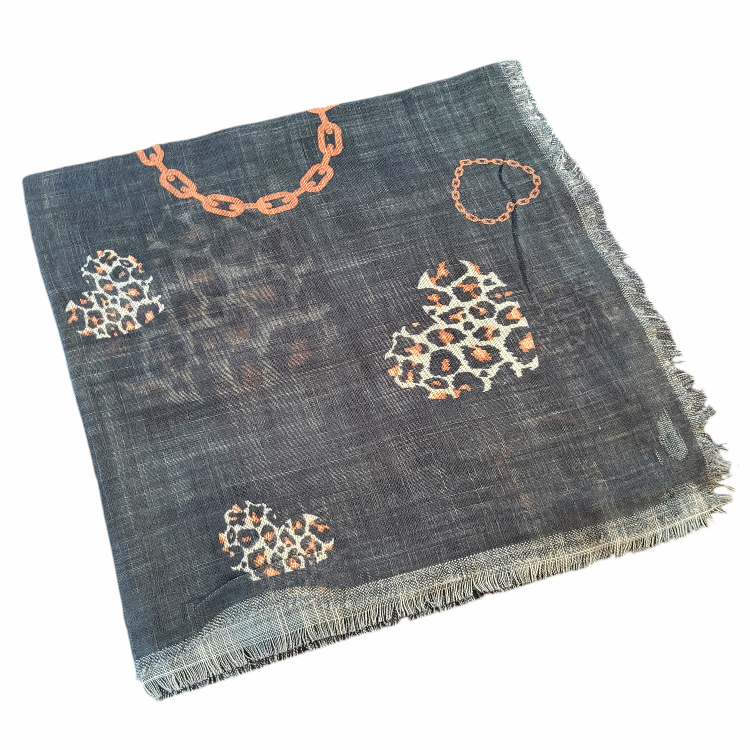Gray - Soft fringes tichel - leopard/hearts