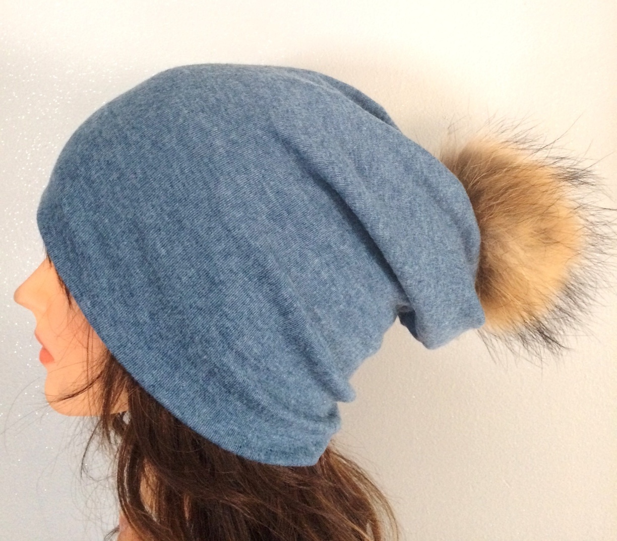 Denim Color Cotton Beanie With fur