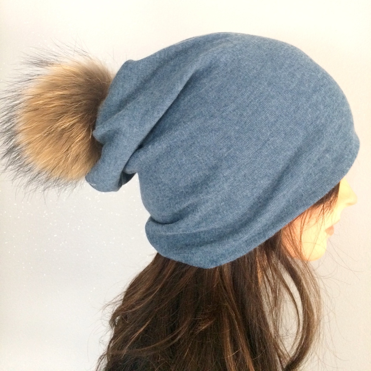 Denim Color Cotton Beanie With fur