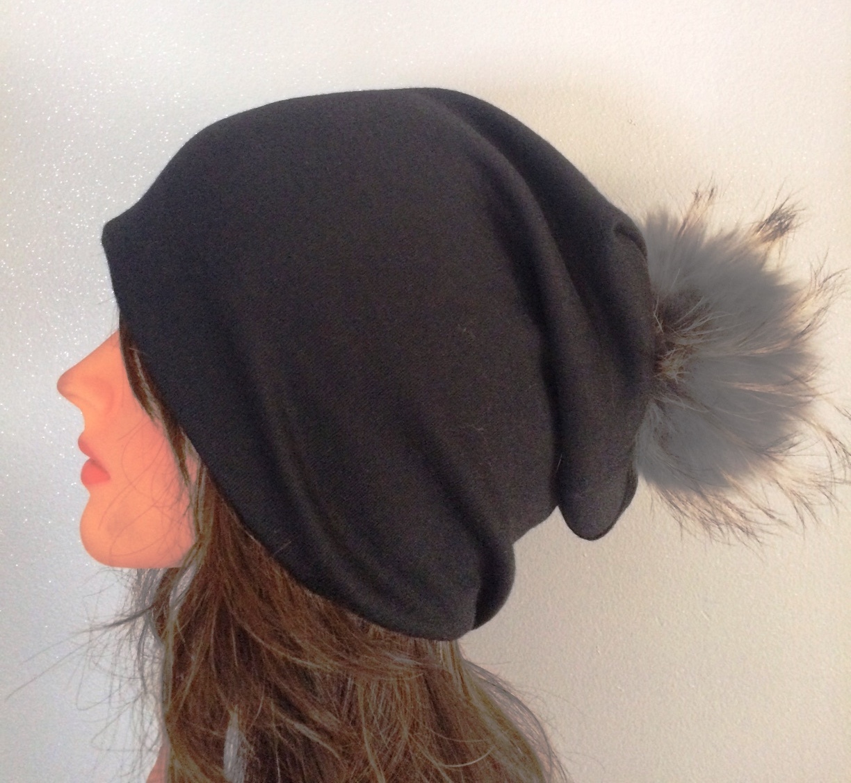 Black Cotton Beanie With fur