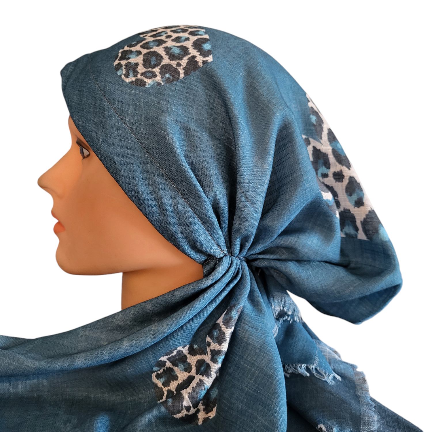 Teal shaded leopard - soft fringes pretied tichel