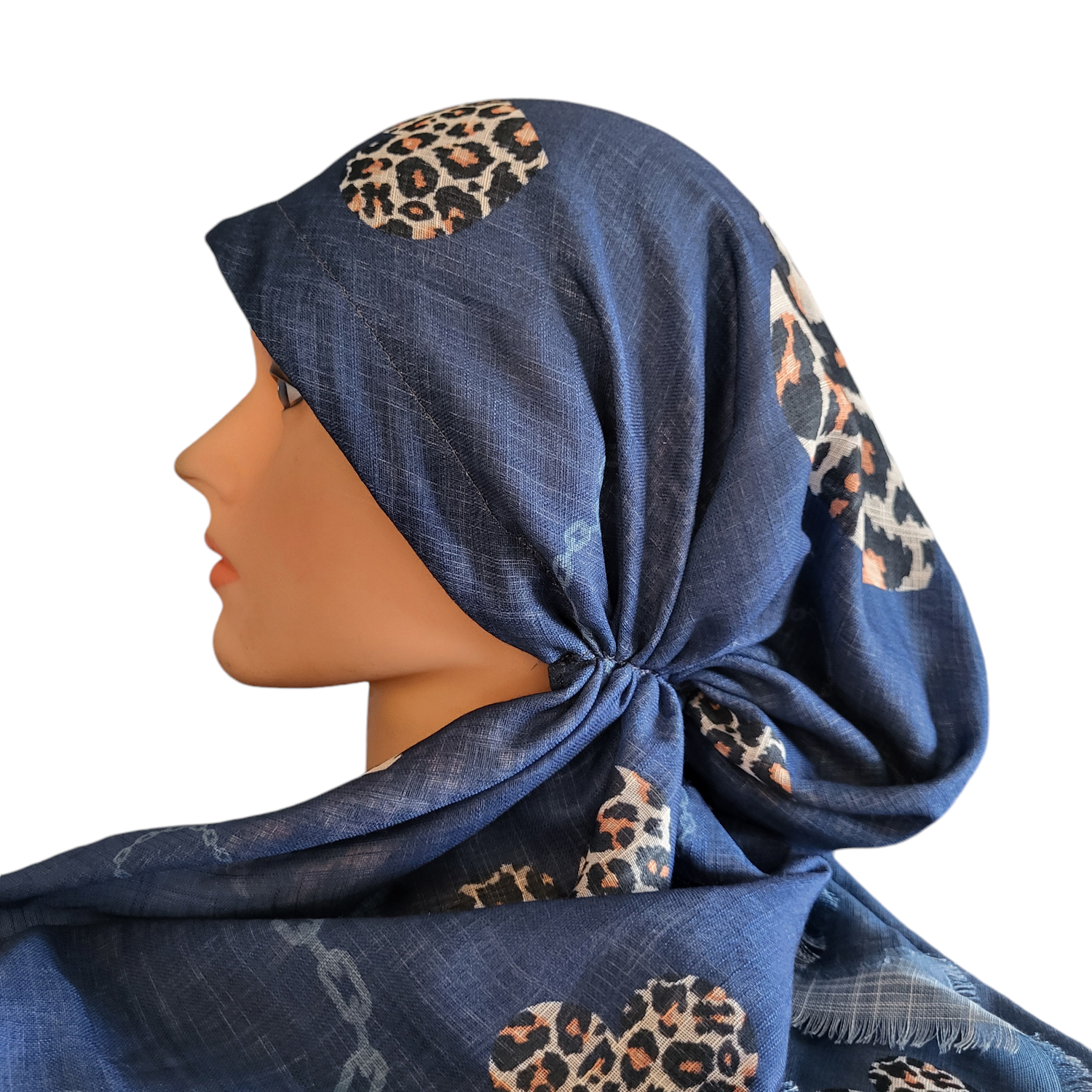 Denim shaded leopard - soft fringes pretied tichel