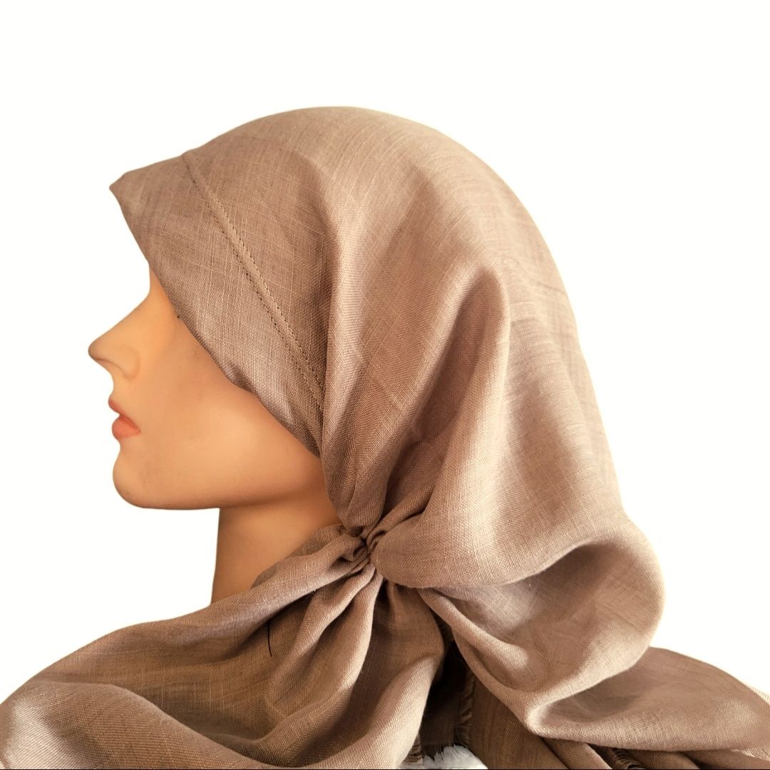 Light brown solid - long back pre-tied kerchief w/band sewn in - soft fringe material