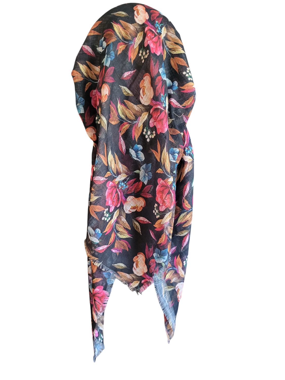 Black pretty floral long back pre-tied kerchief w/band sewn in  -  soft fringed edges material