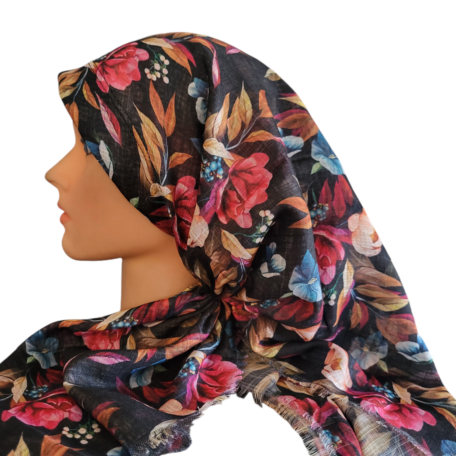 Black pretty floral long back pre-tied kerchief w/band sewn in  -  soft fringed edges material
