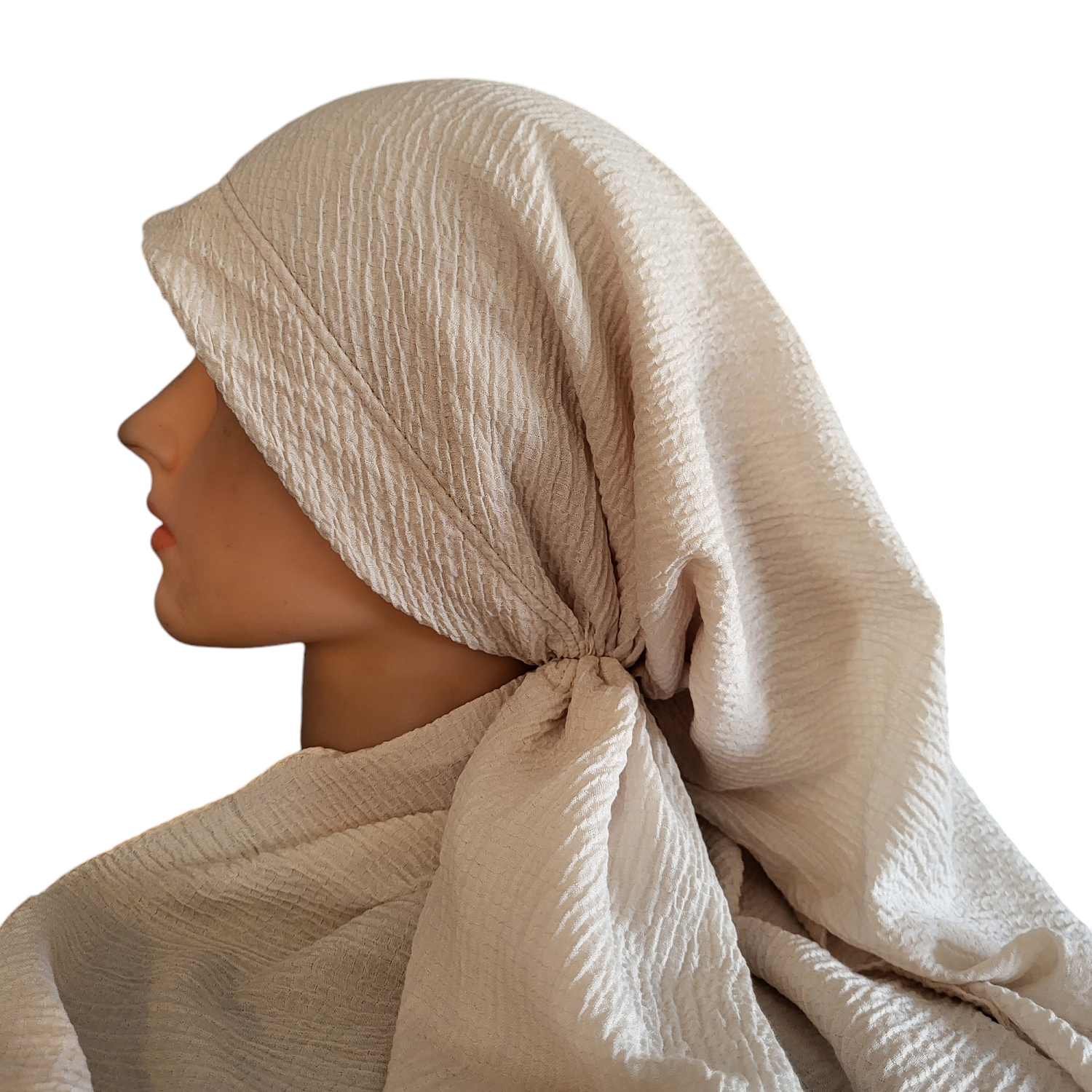 Cream textured long back pre-tied kerchief w/band sewn in