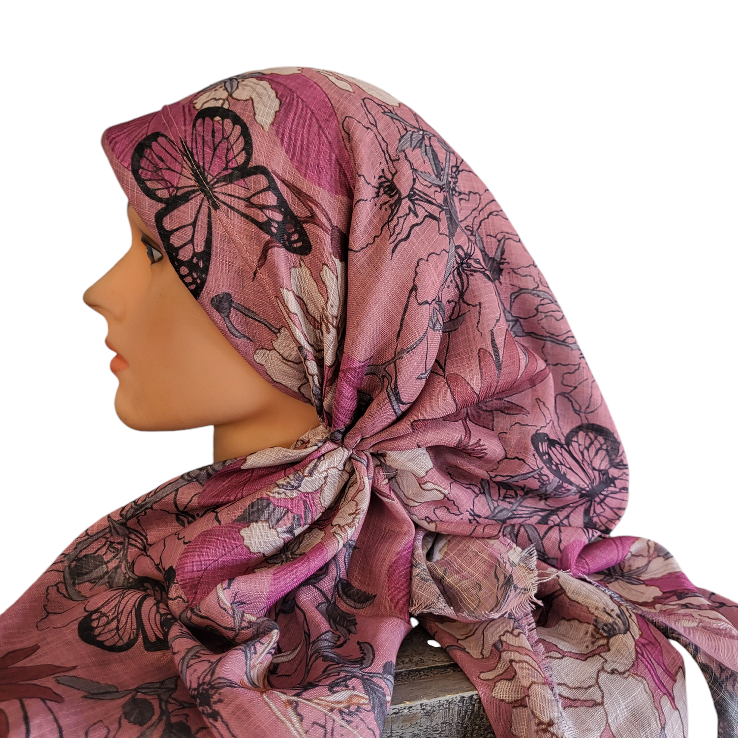 Mauve butterflies n&#39; flowers long back pre-tied kerchief w/band sewn in  -  soft fringed edges material