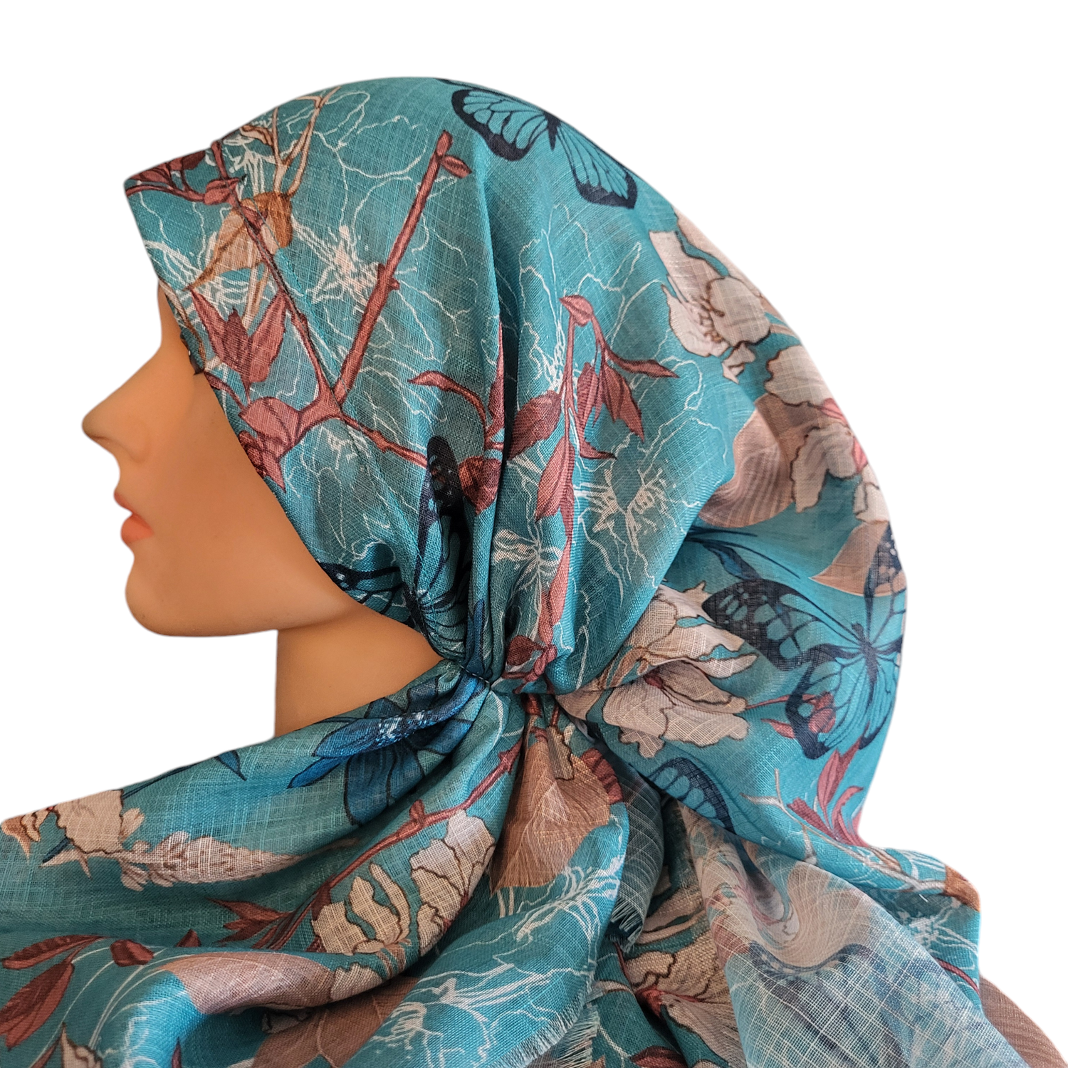 Turquoise butterflies n&#39; flowers long back pre-tied kerchief w/band sewn in  -  soft fringed edges material