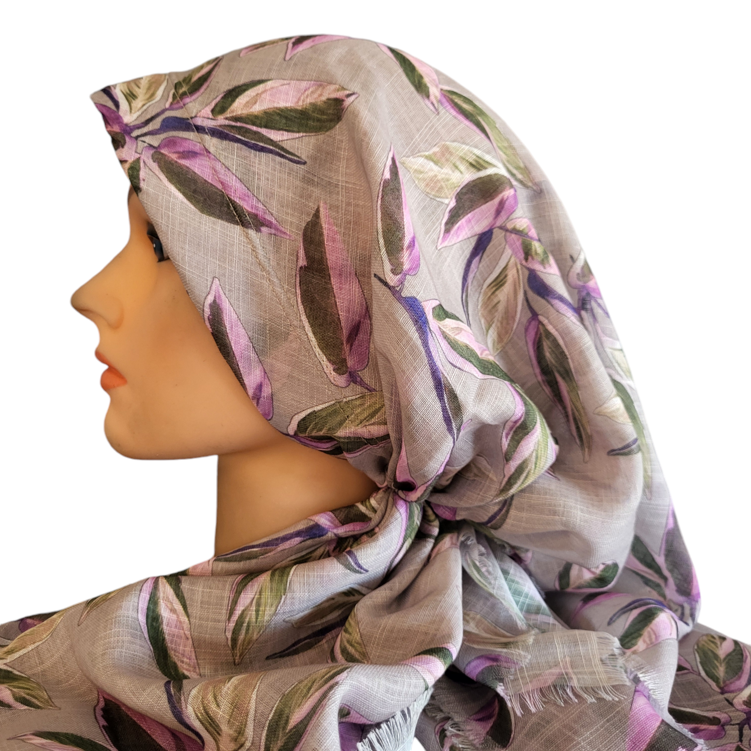 Tan leaves long back pre-tied kerchief w/band sewn in  -  soft fringed edges material