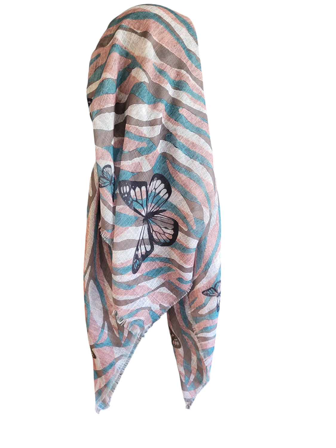 Stripey n' butterflies long back pre-tied kerchief w/band sewn in  -  soft fringed edges material