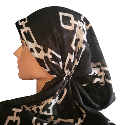 Black/White - soft fringes pretied tichel - square chains