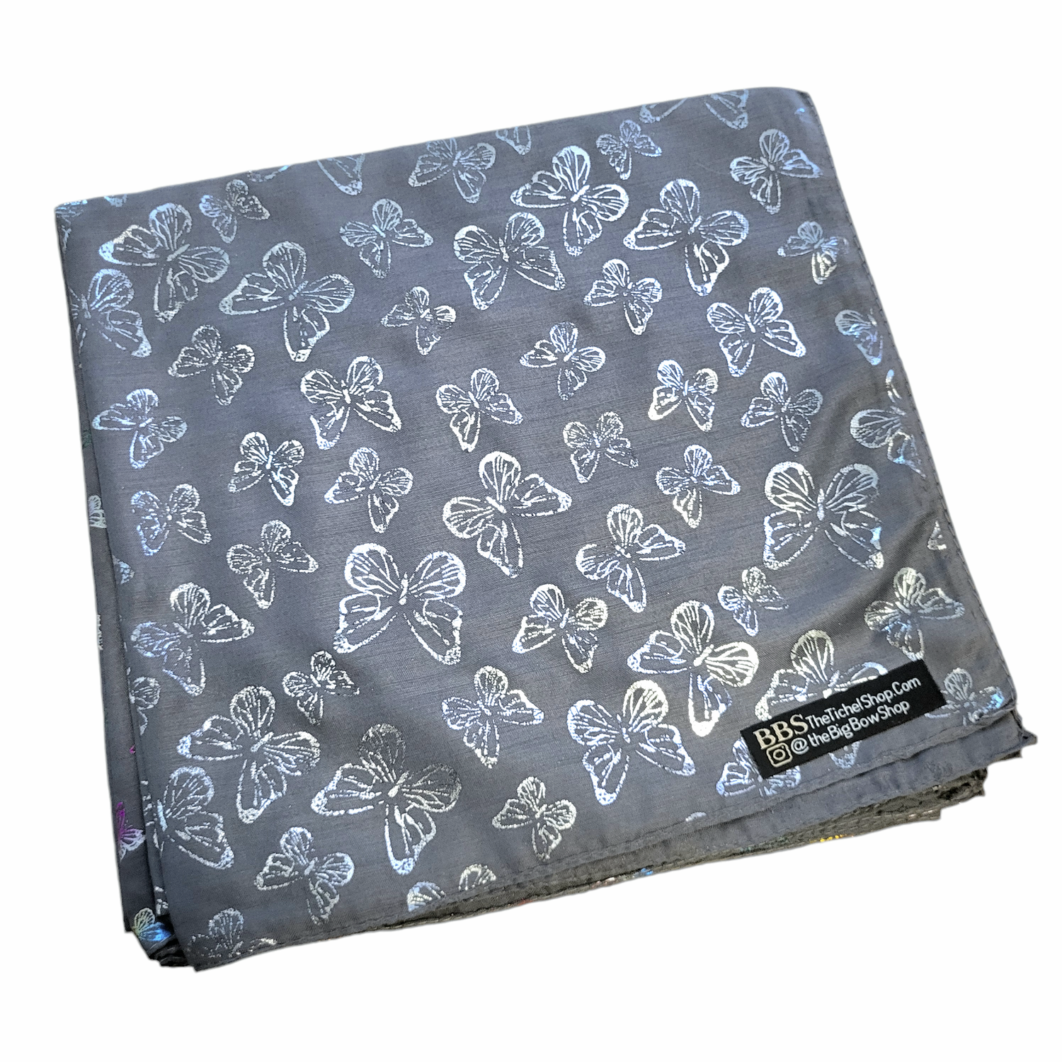 Silver butterfly metallic patterned tichel - gray