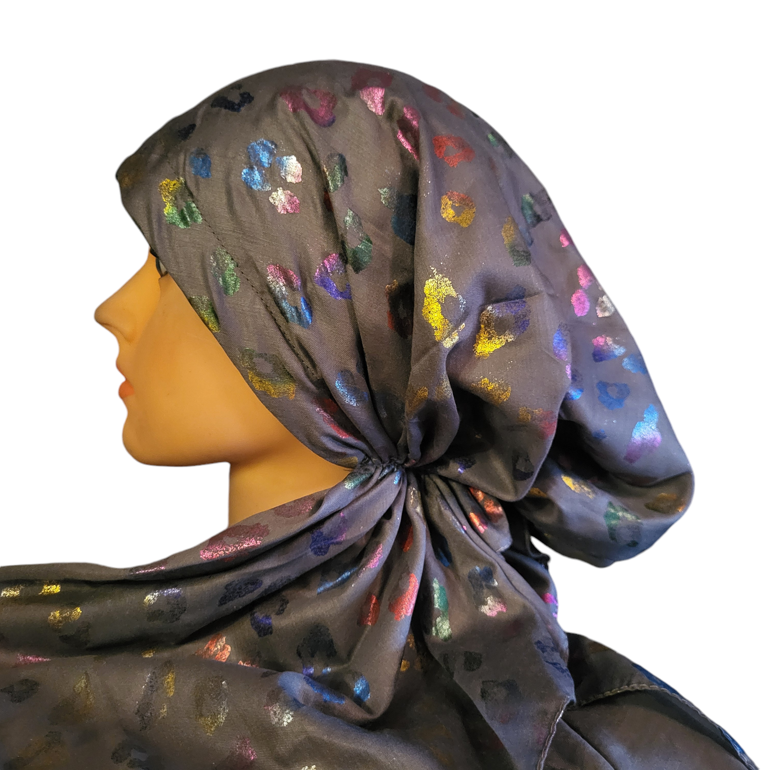 Dark gray - colorful leopard metallic pretied tichel