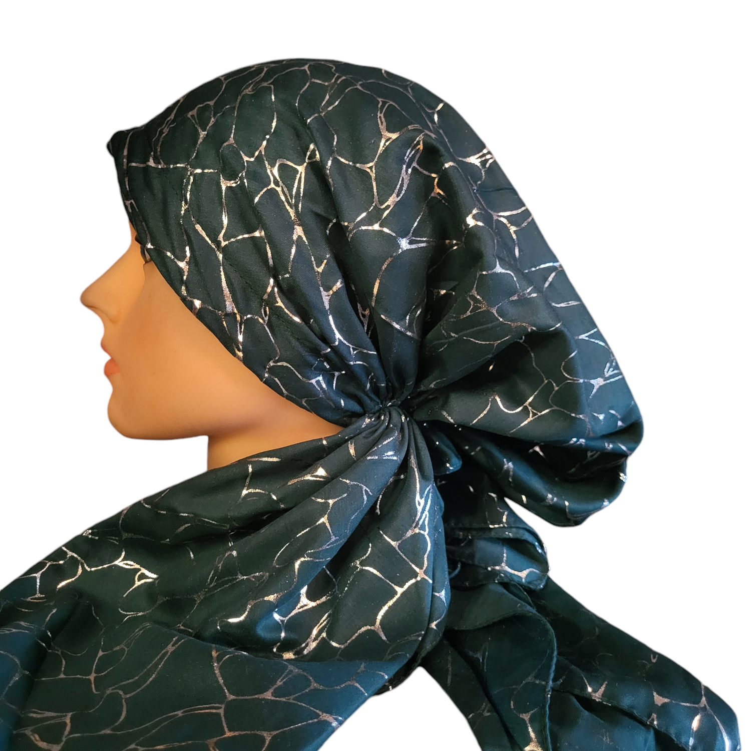 Dark green - silver patterned metallic pretied tichel