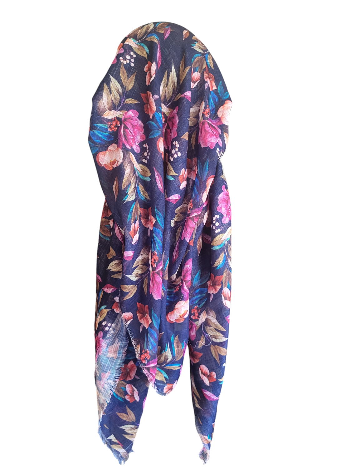 Navy pretty floral long back pre-tied kerchief w/band sewn in  -  soft fringed edges material