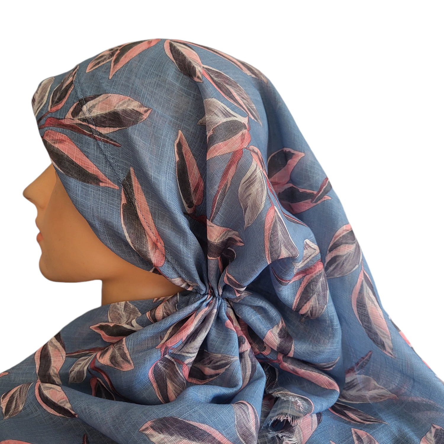 Light denim pretty leaves long back pre-tied kerchief w/band sewn in  -  soft fringed edges material