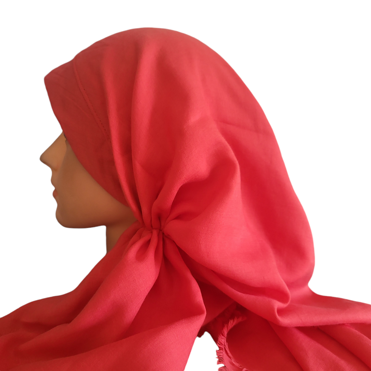 Deep reddish/coral solid - long back pre-tied kerchief w/band sewn in - soft fringe material