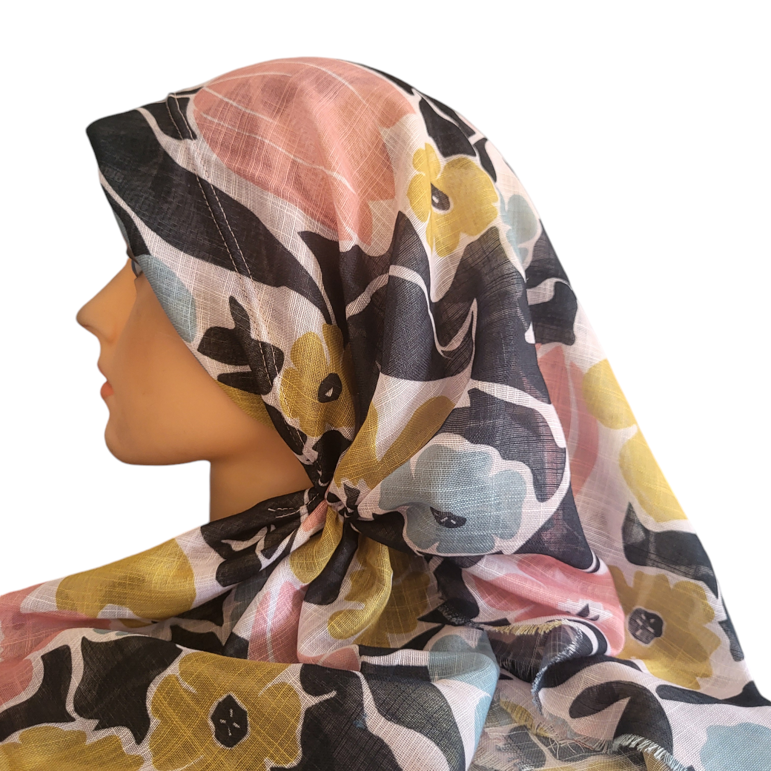 Big flowers long back pre-tied kerchief w/band sewn in  -  soft fringed edges material