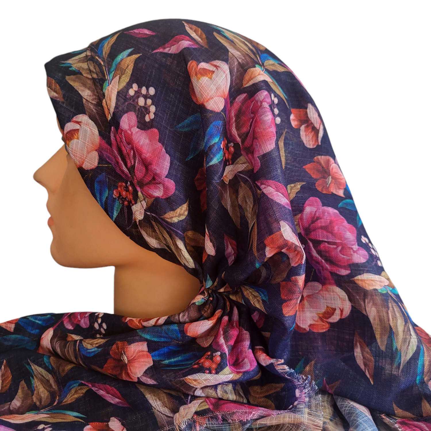 Navy pretty floral long back pre-tied kerchief w/band sewn in  -  soft fringed edges material