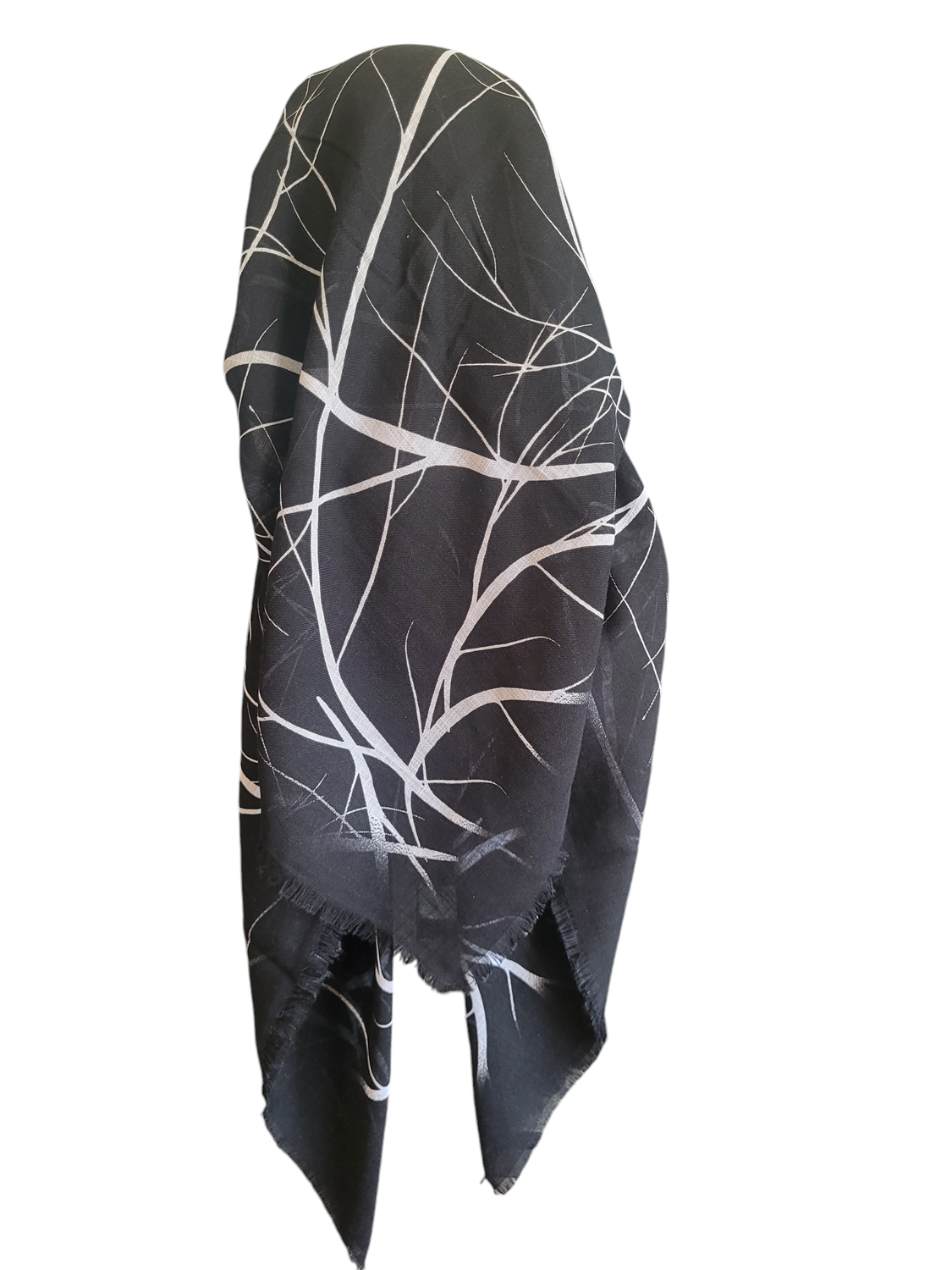 Black and white long back pre-tied kerchief w/band sewn in  -  soft fringed edges material