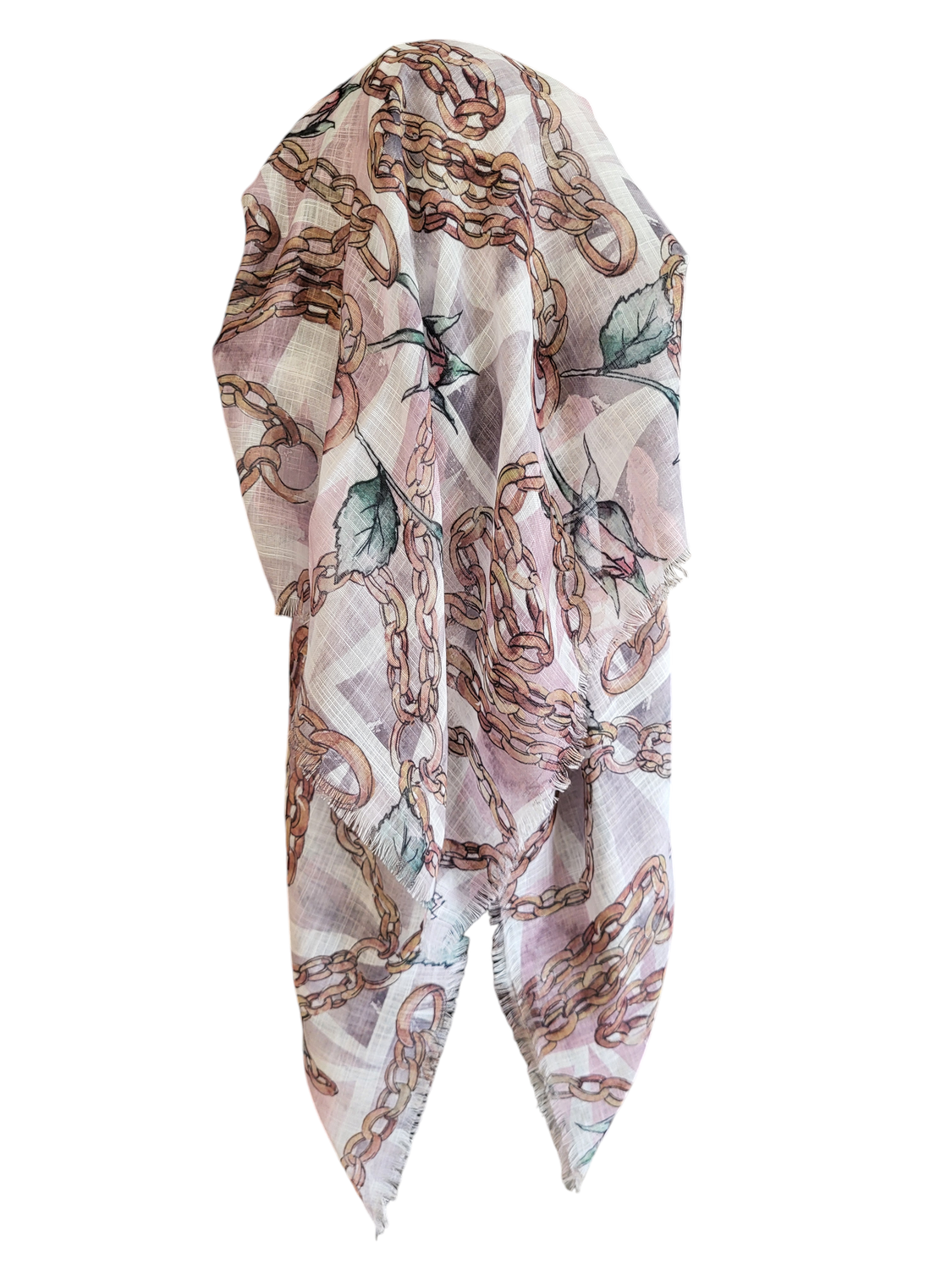 White/tan flowers n&#39; chains long back pre-tied kerchief w/band sewn in  -  soft fringed edges material