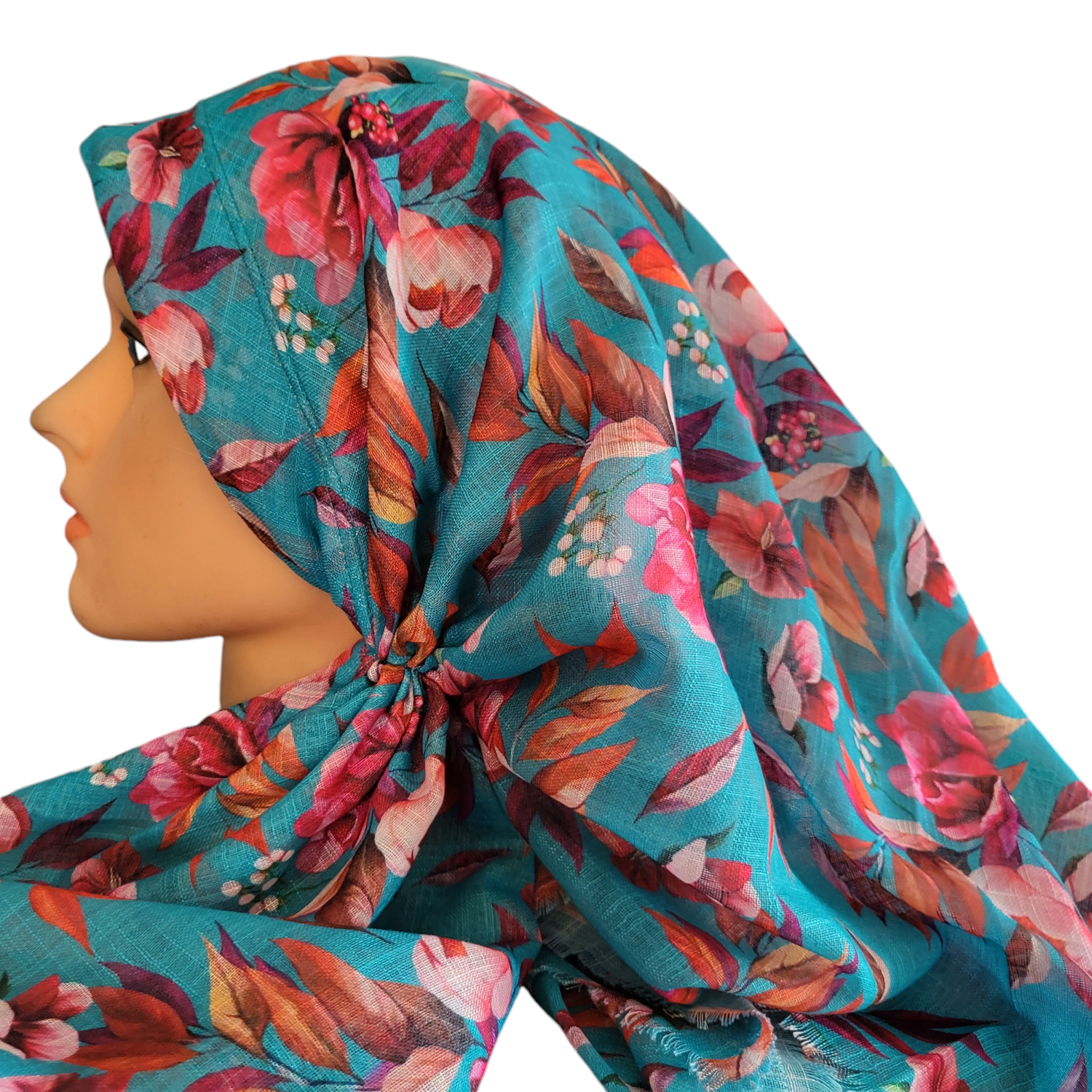 Dark sea green pretty floral  long back pre-tied kerchief w/band sewn in  -  soft fringed edges material