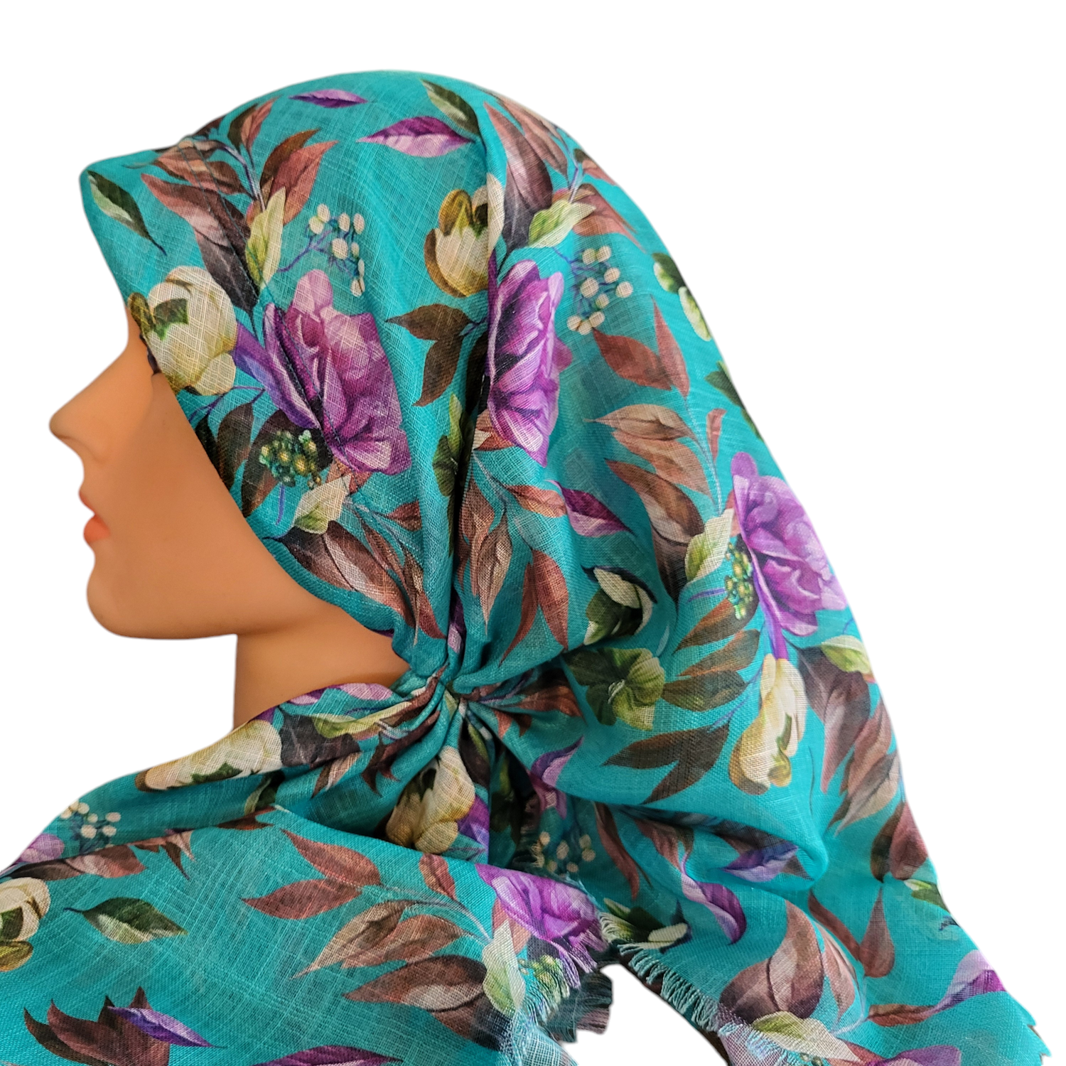 Dark emerald green pretty floral  long back pre-tied kerchief w/band sewn in  -  soft fringed edges material