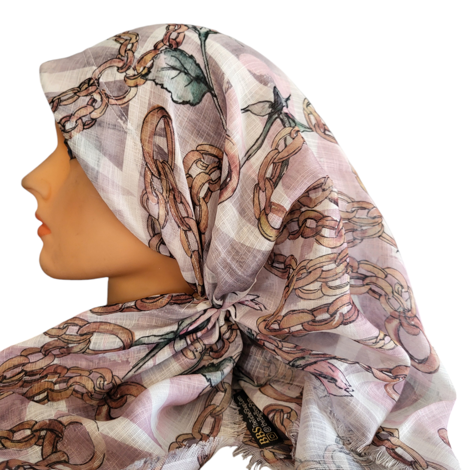 White/tan flowers n' chains long back pre-tied kerchief w/band sewn in  -  soft fringed edges material