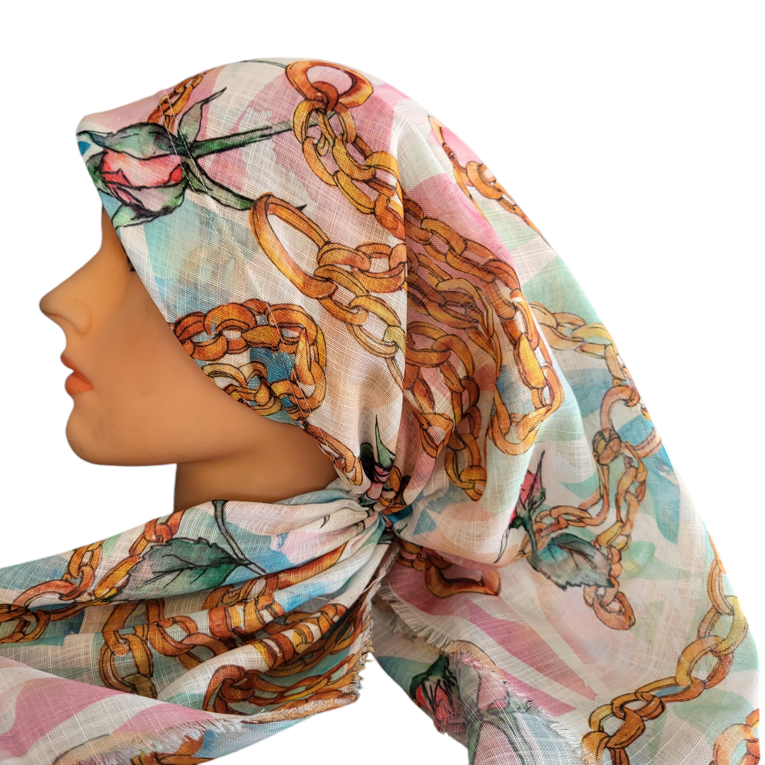 White/greens flowers n' chains long back pre-tied kerchief w/band sewn in  -  soft fringed edges material