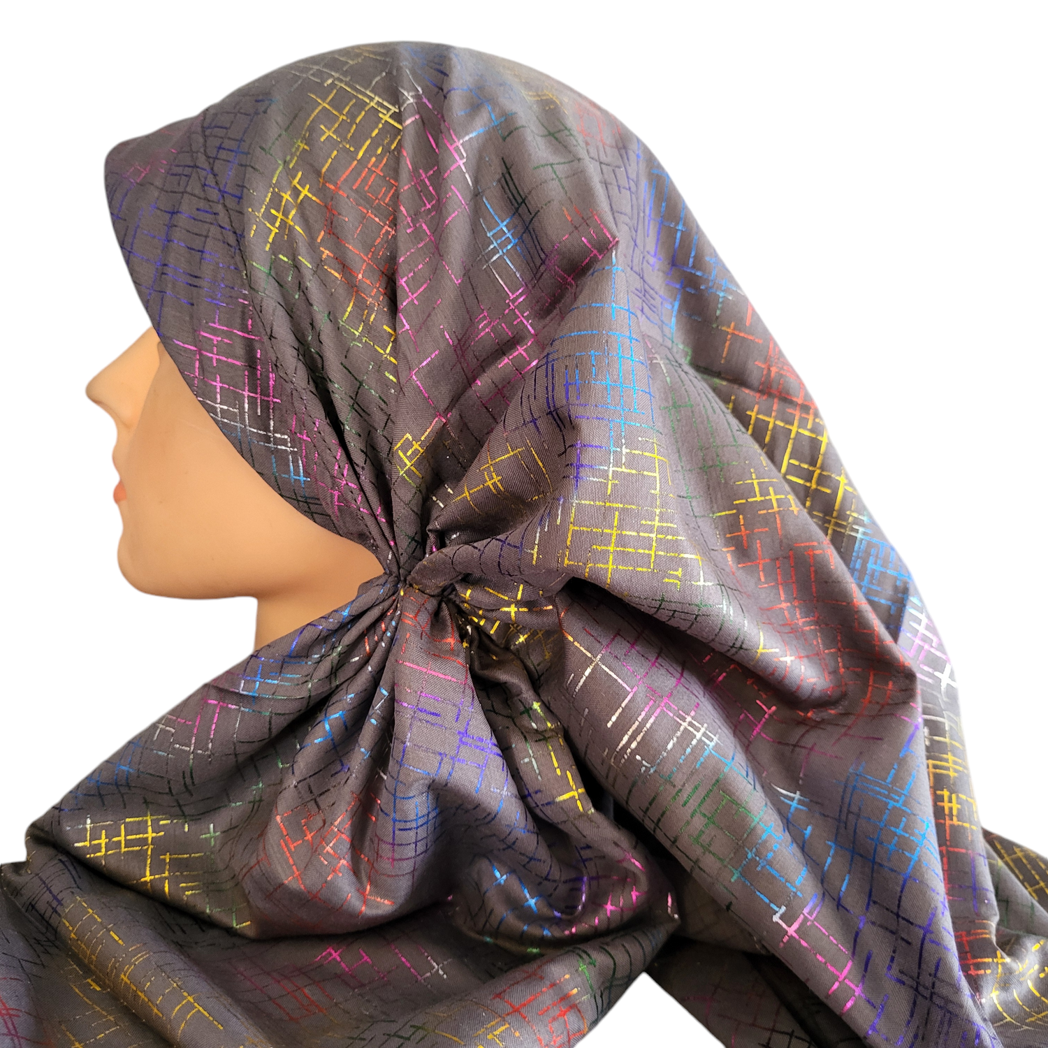 Dark gray/colorful - long back pre-tied kerchief w/band sewn in - thin metallic