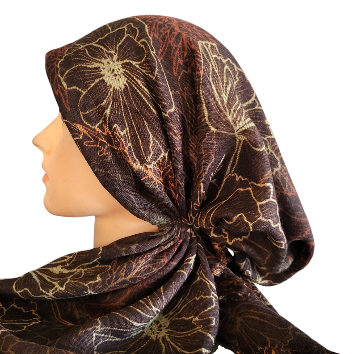 Brown flowers patterned - soft fringes pretied tichel
