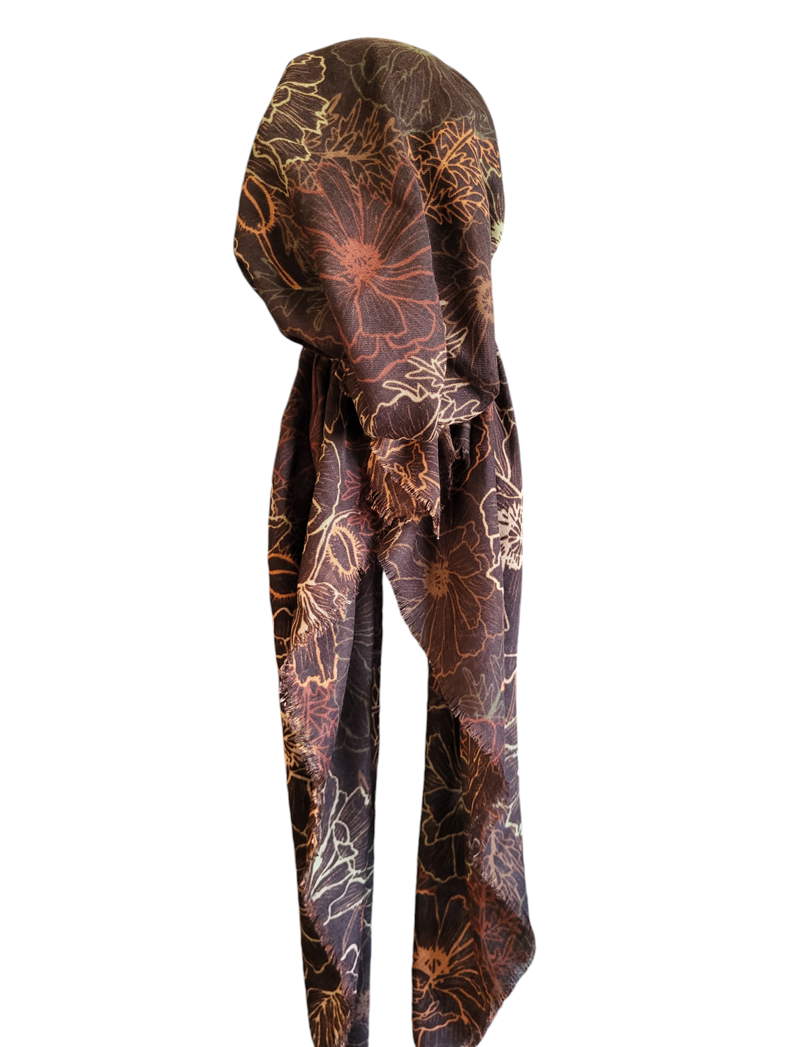 Brown flowers patterned - soft fringes pretied tichel