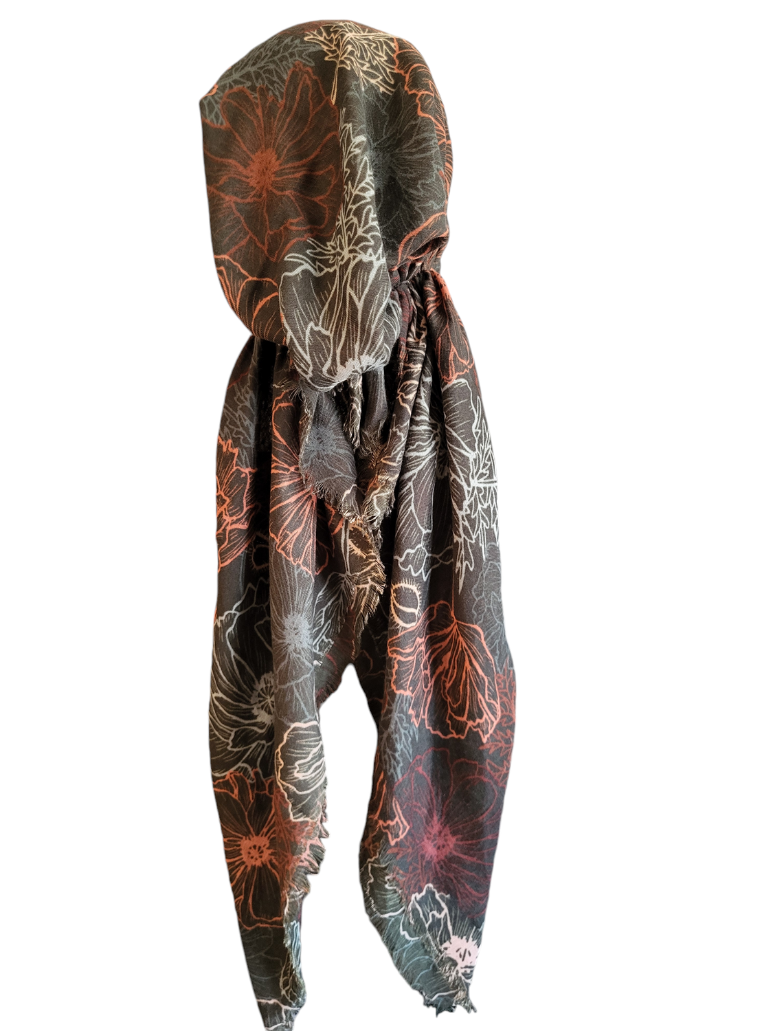 Dark olive flowers patterned - soft fringes pretied tichel