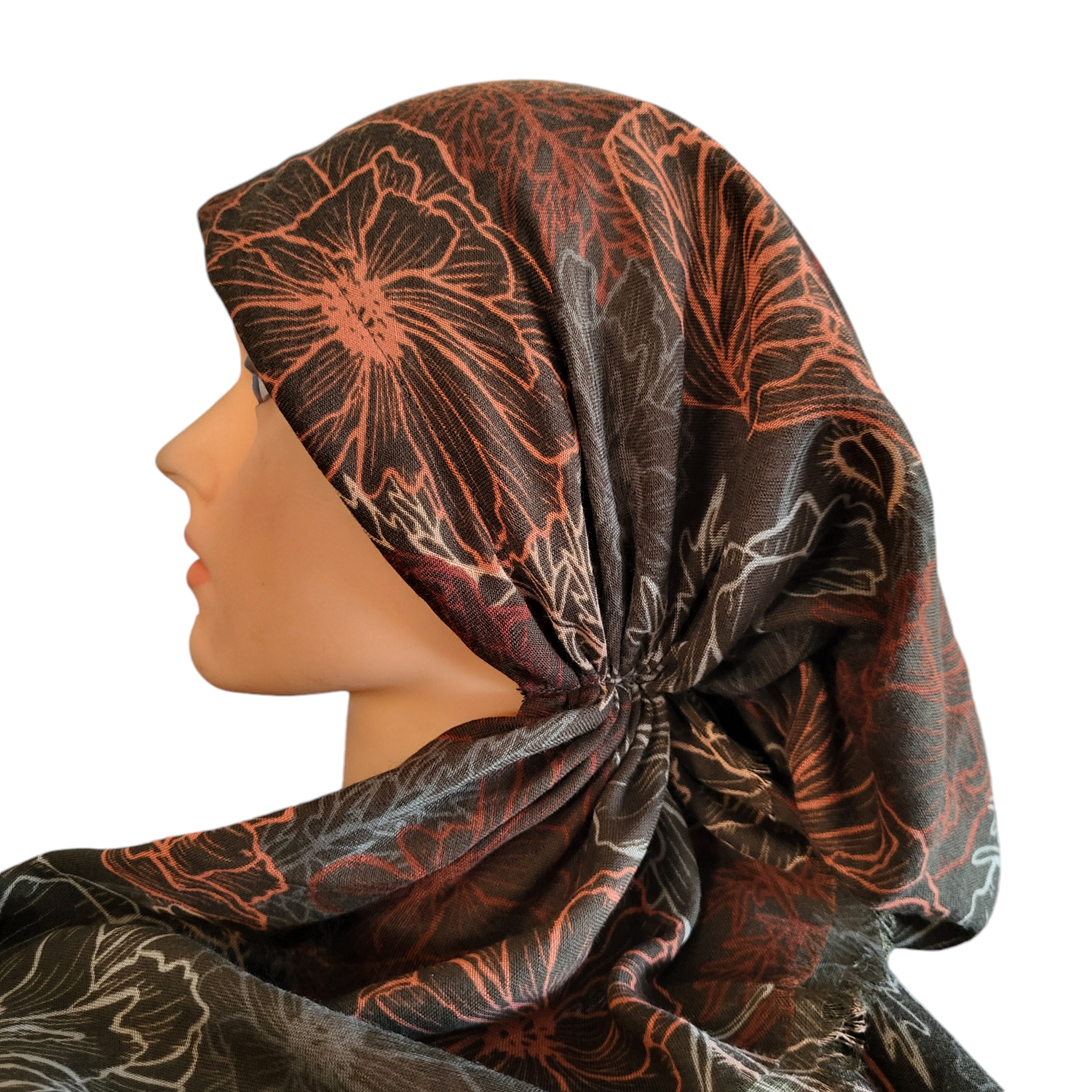 Dark olive flowers patterned - soft fringes pretied tichel