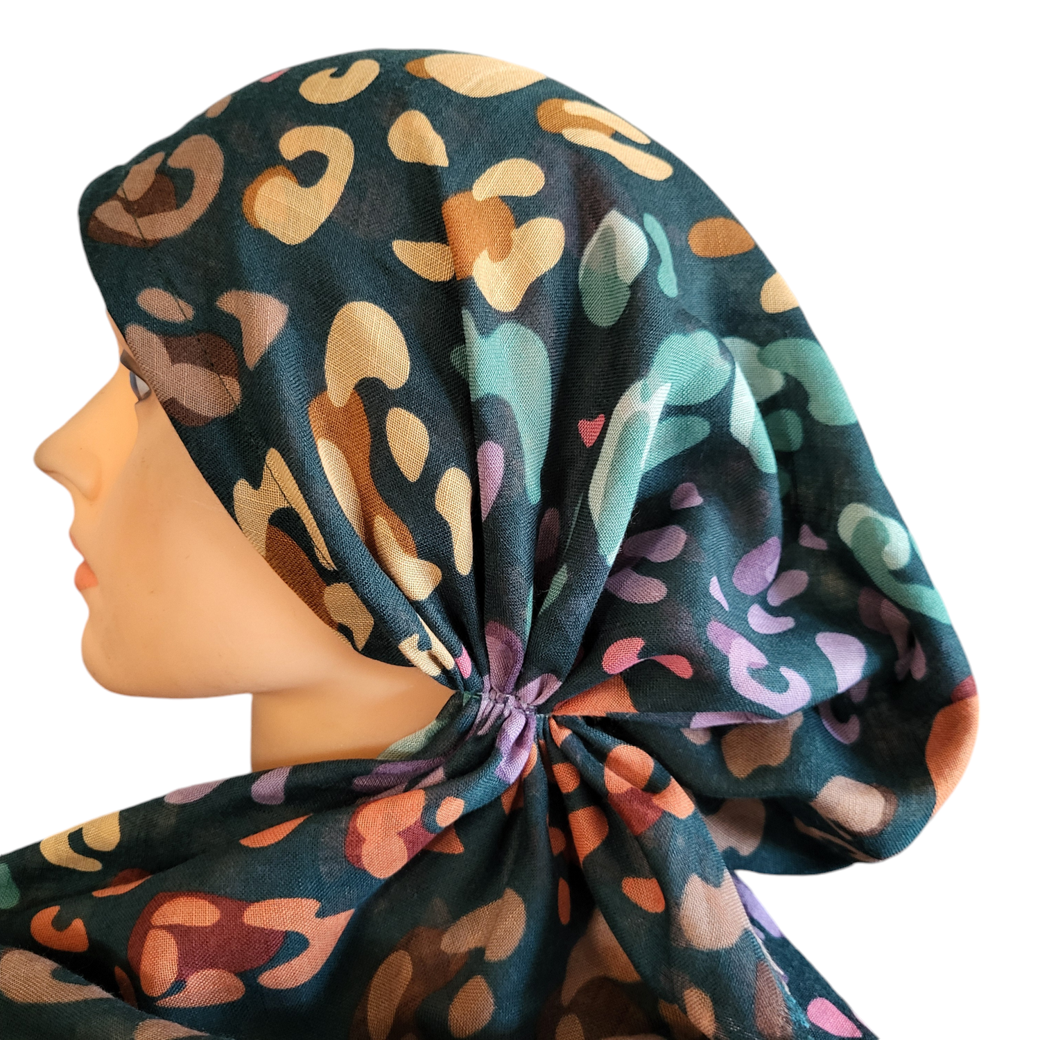 Teal green colored leopard - soft fringes pretied tichel