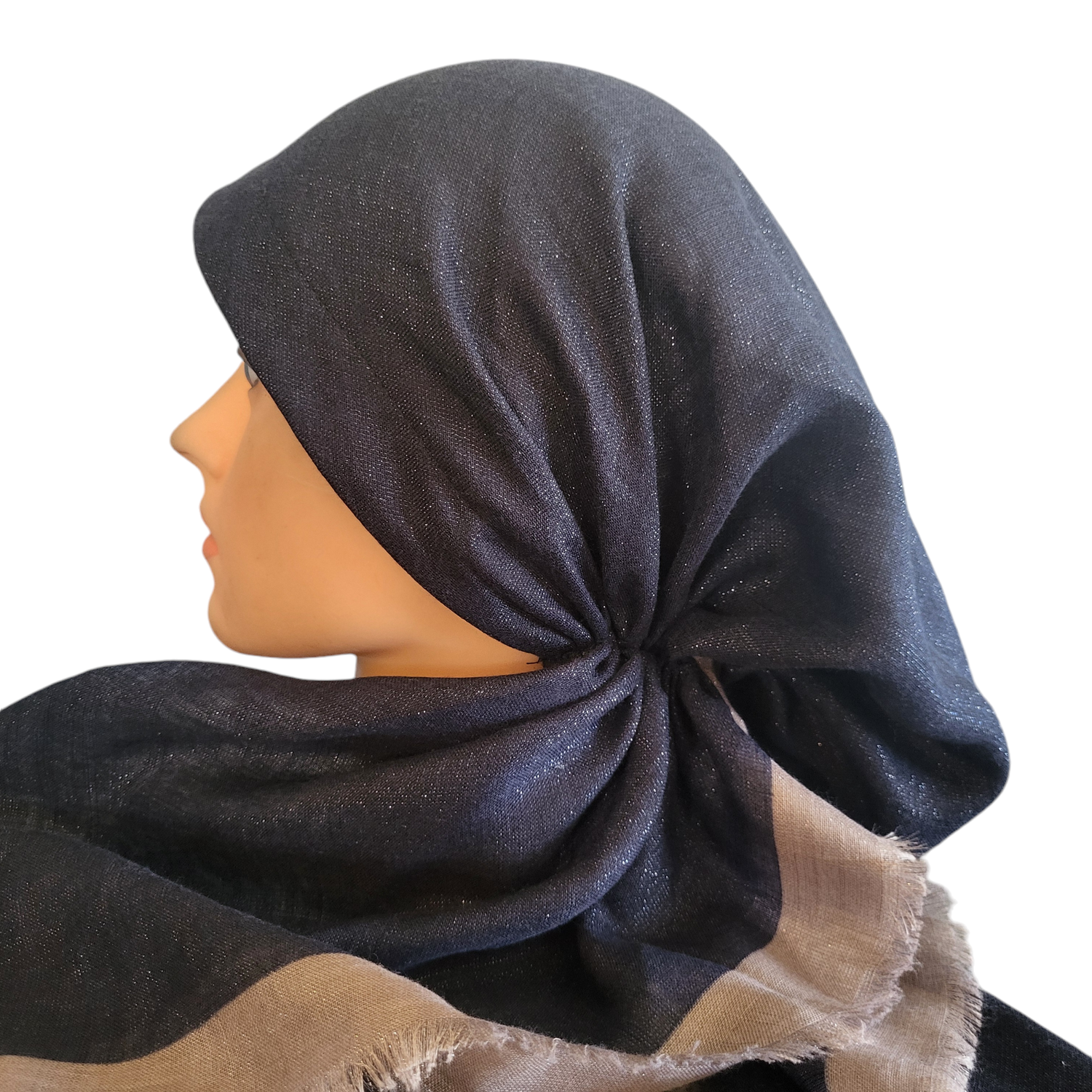 Navy/tan border w/silver shimmer  - soft fringes pretied tichel