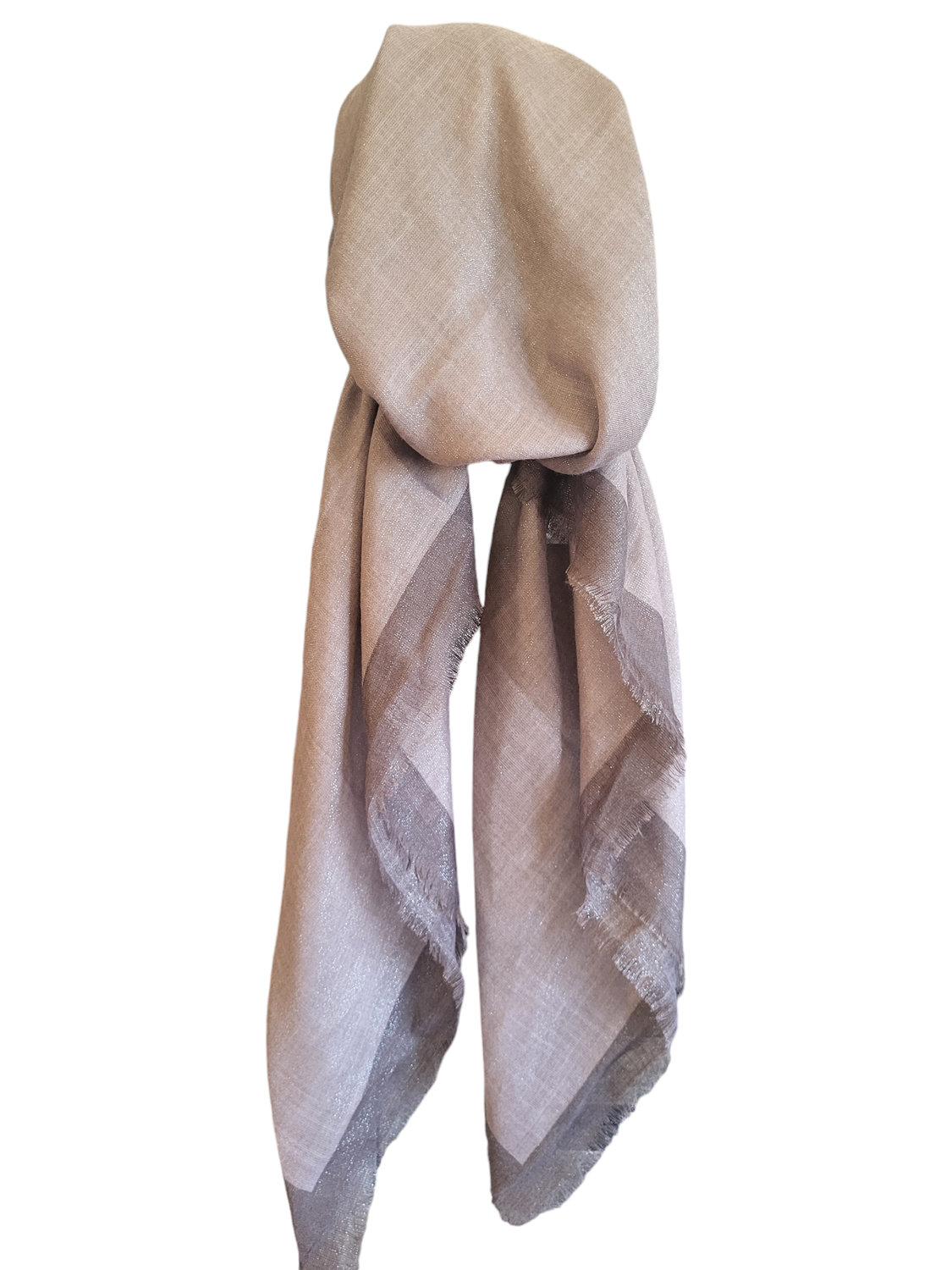 Taupe border w/silver shimmer  - soft fringes pretied tichel