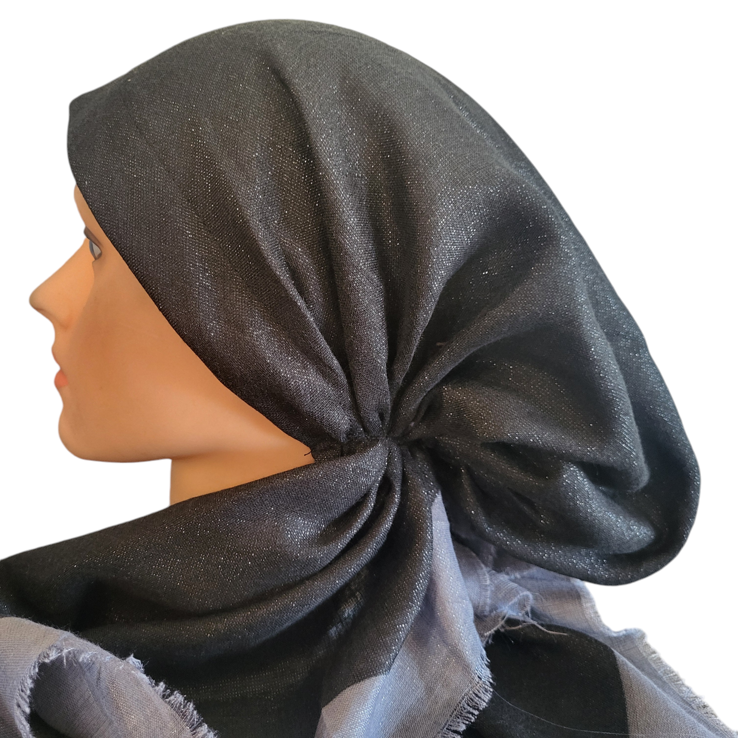 Black/gray border w/silver shimmer  - soft fringes pretied tichel