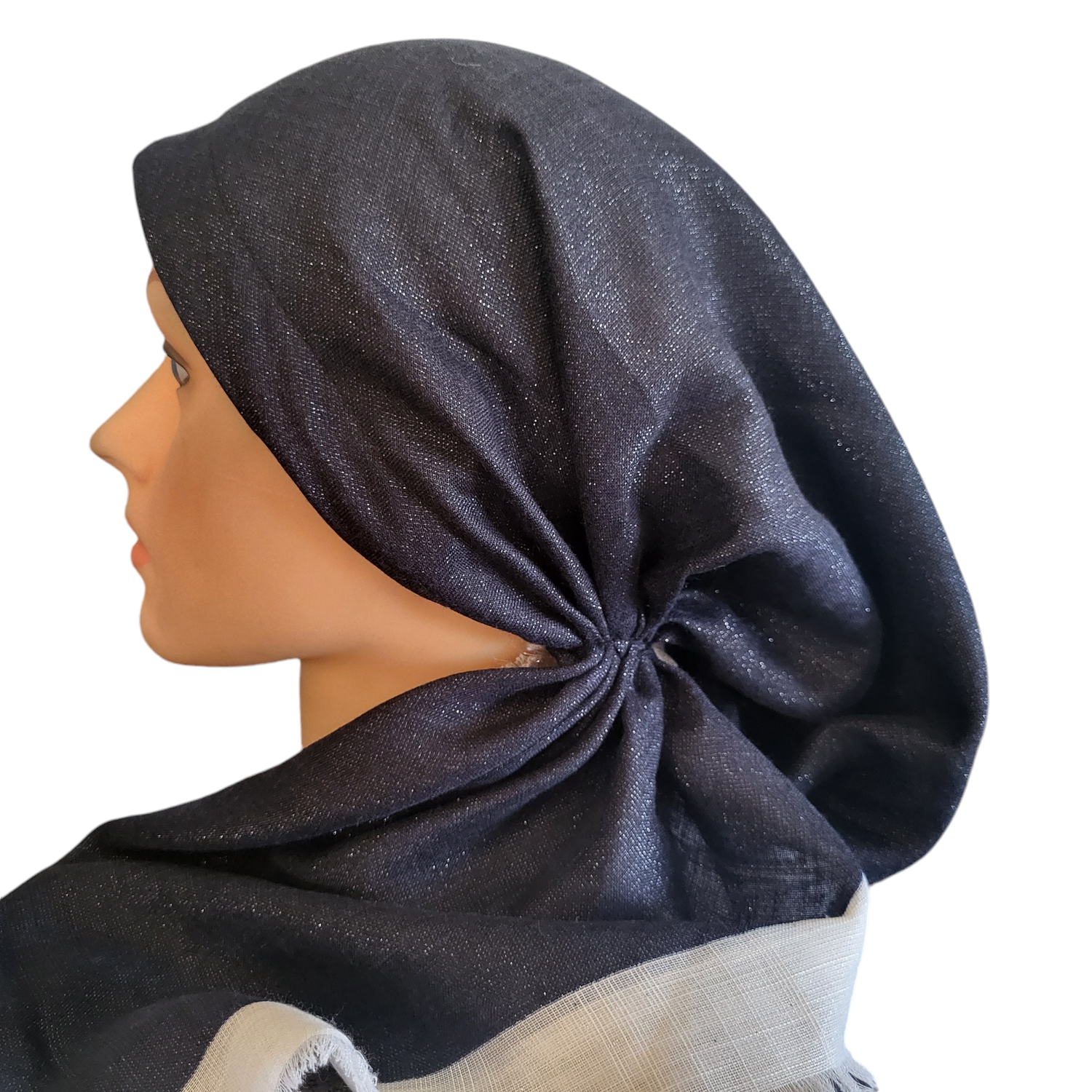 Navy/white border w/silver shimmer  - soft fringes pretied tichel