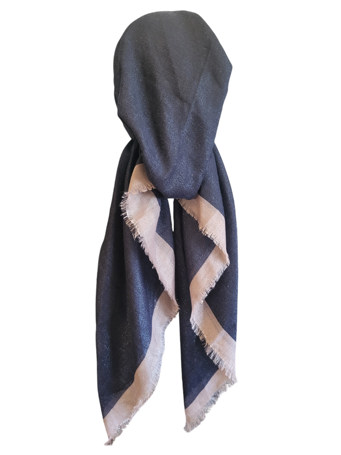 Navy/tan border w/silver shimmer  - soft fringes pretied tichel