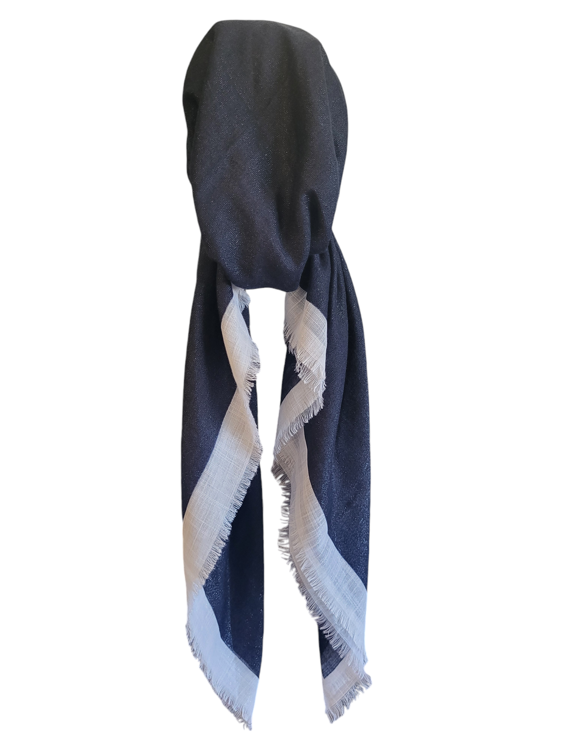 Navy/white border w/silver shimmer  - soft fringes pretied tichel