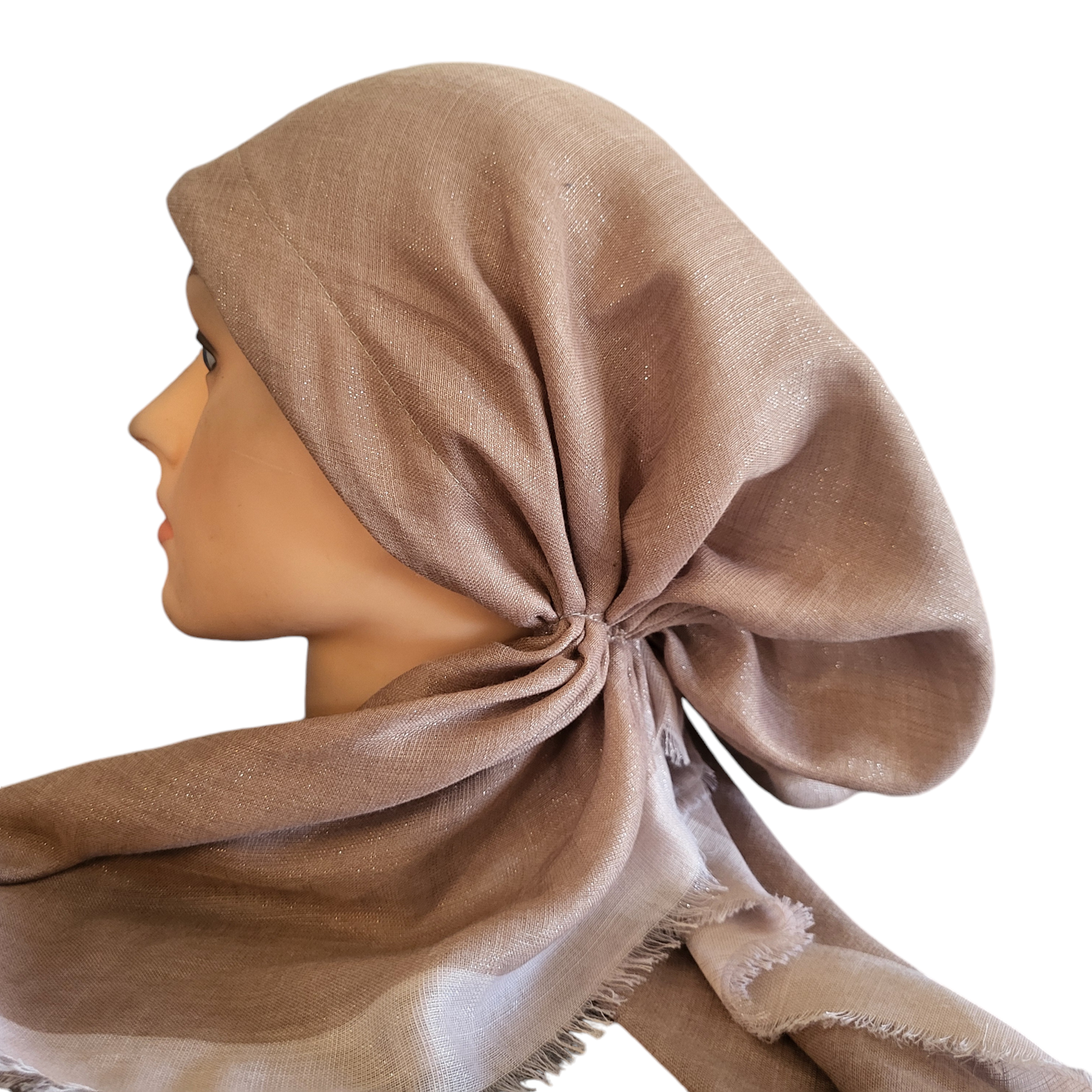 Beige border w/silver shimmer  - soft fringes pretied tichel