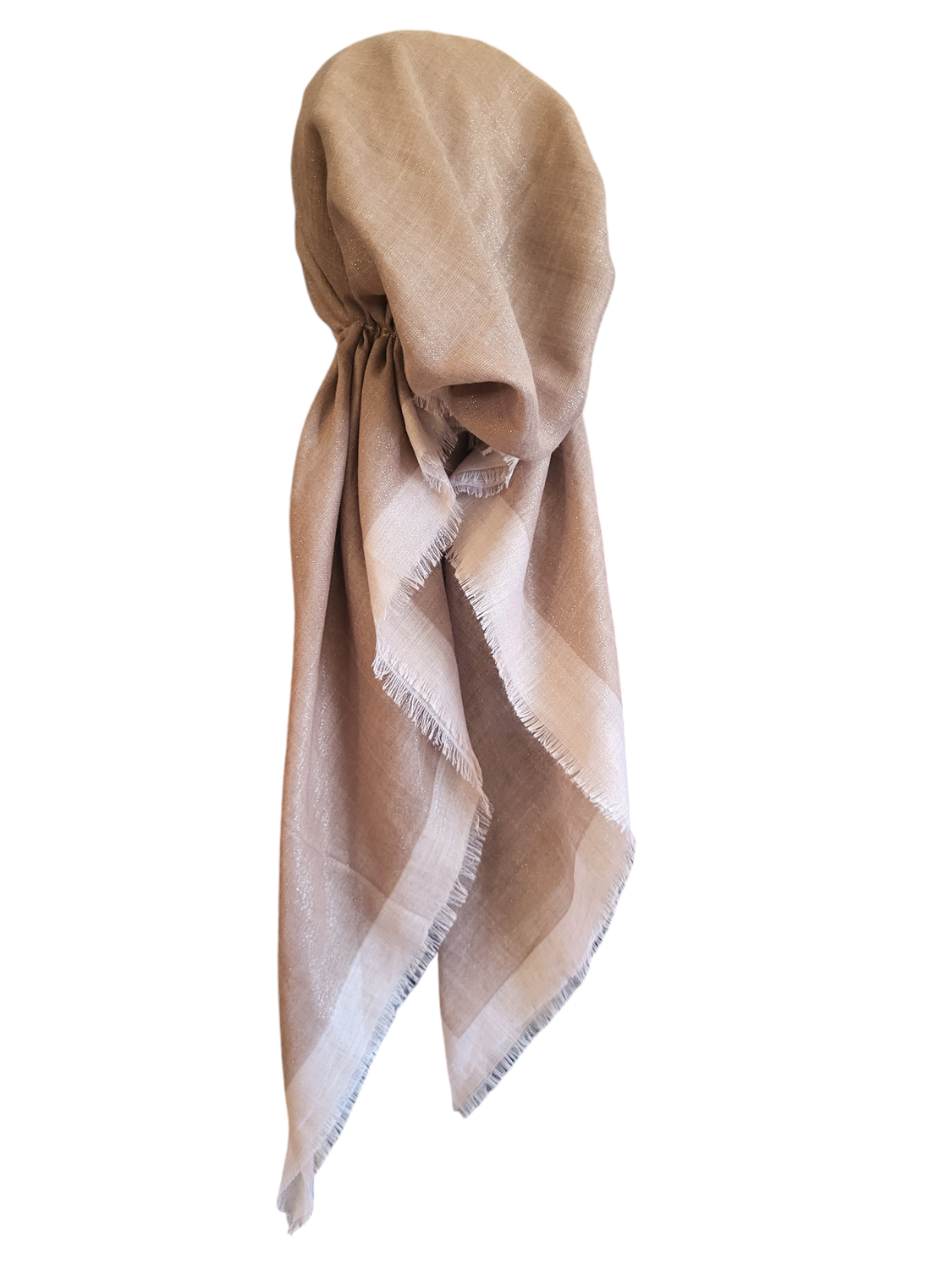 Beige border w/silver shimmer  - soft fringes pretied tichel