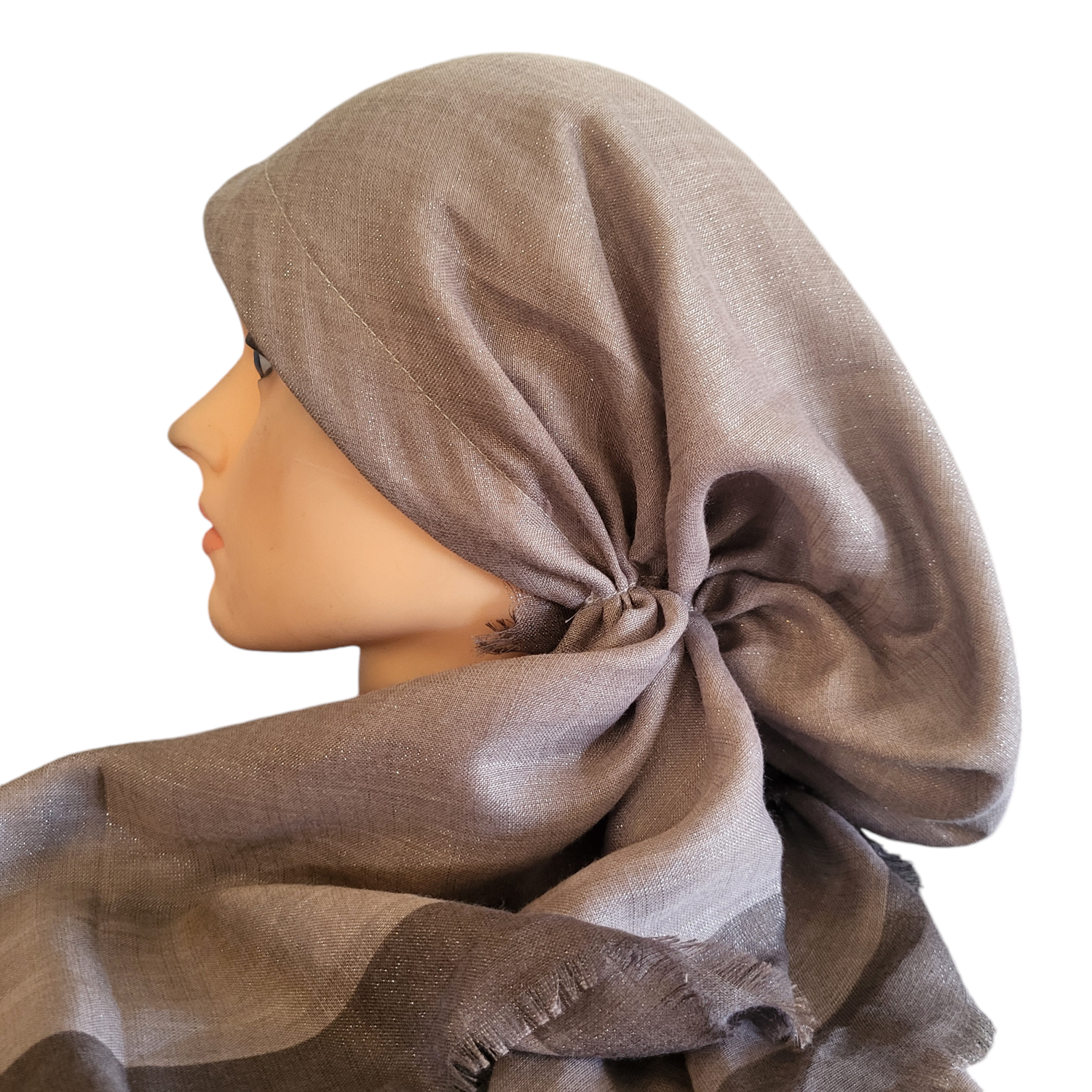 Taupe border w/silver shimmer  - soft fringes pretied tichel