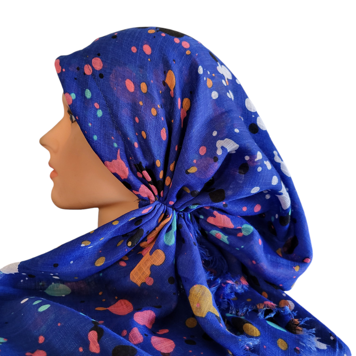 Blue paint spotted - soft fringes pretied tichel