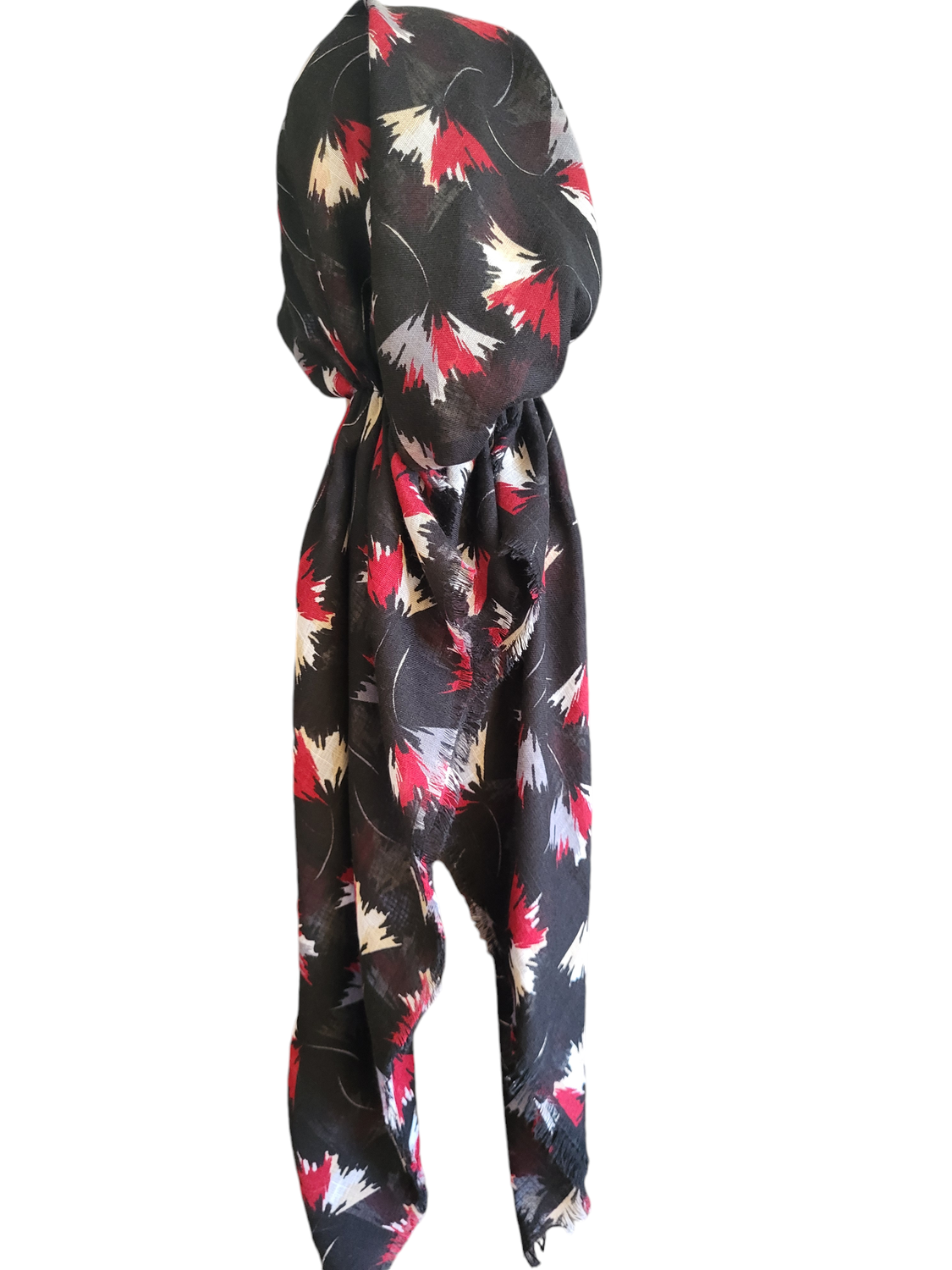Black/red Fall leaves - soft fringes pretied tichel