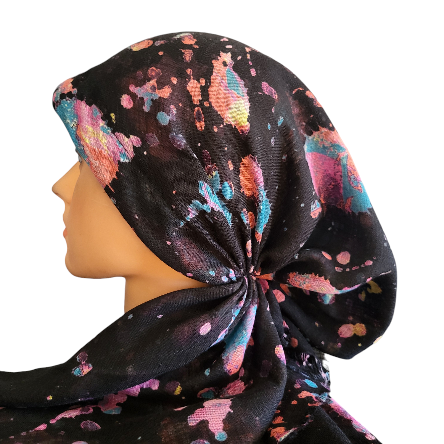 Black/pink paint splattered - soft fringes pretied tichel