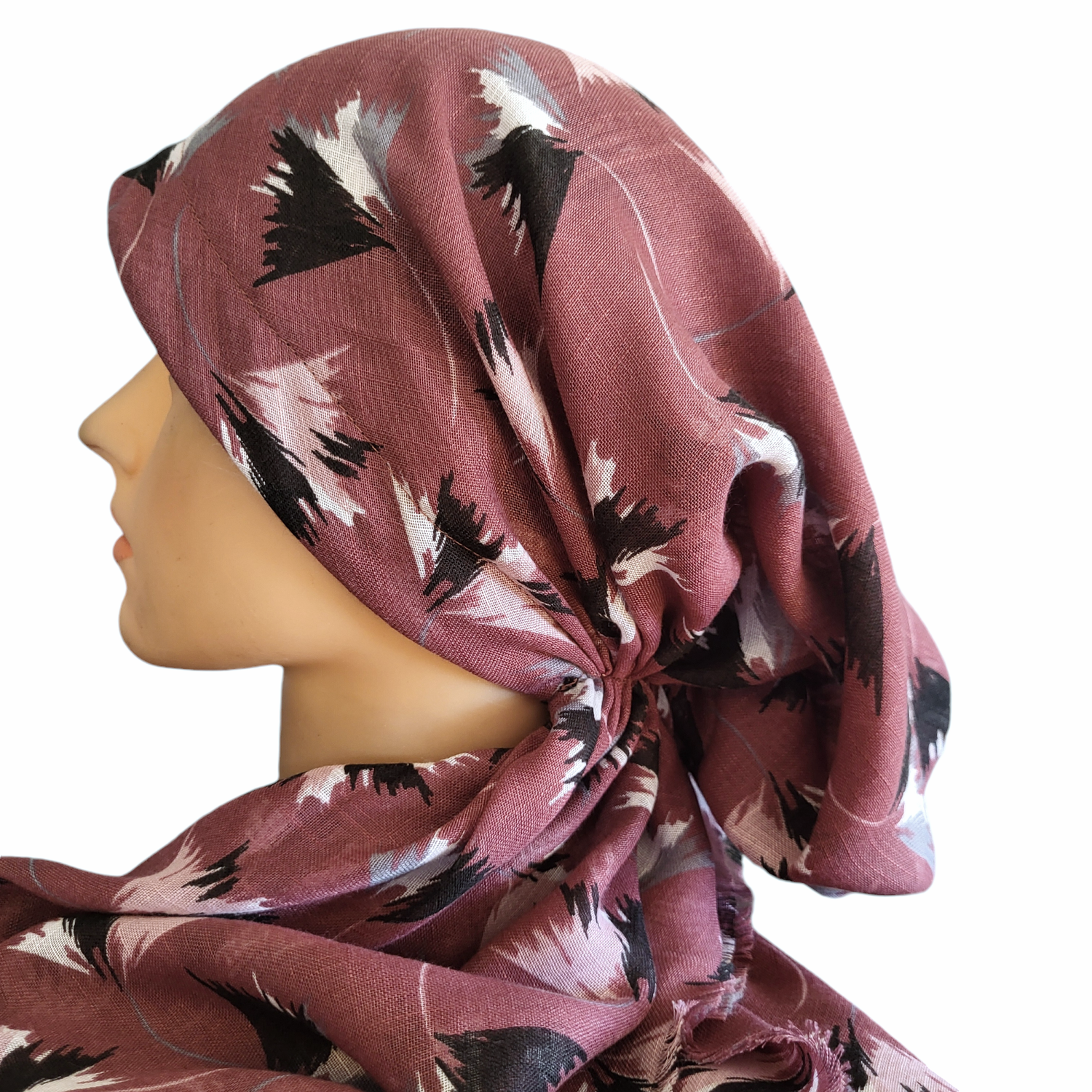 Dull berry Fall leaves - soft fringes pretied tichel