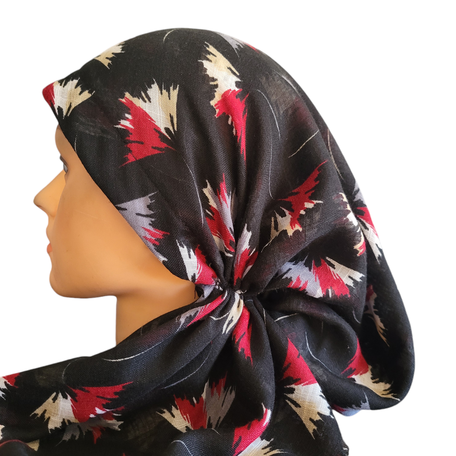 Black/red Fall leaves - soft fringes pretied tichel