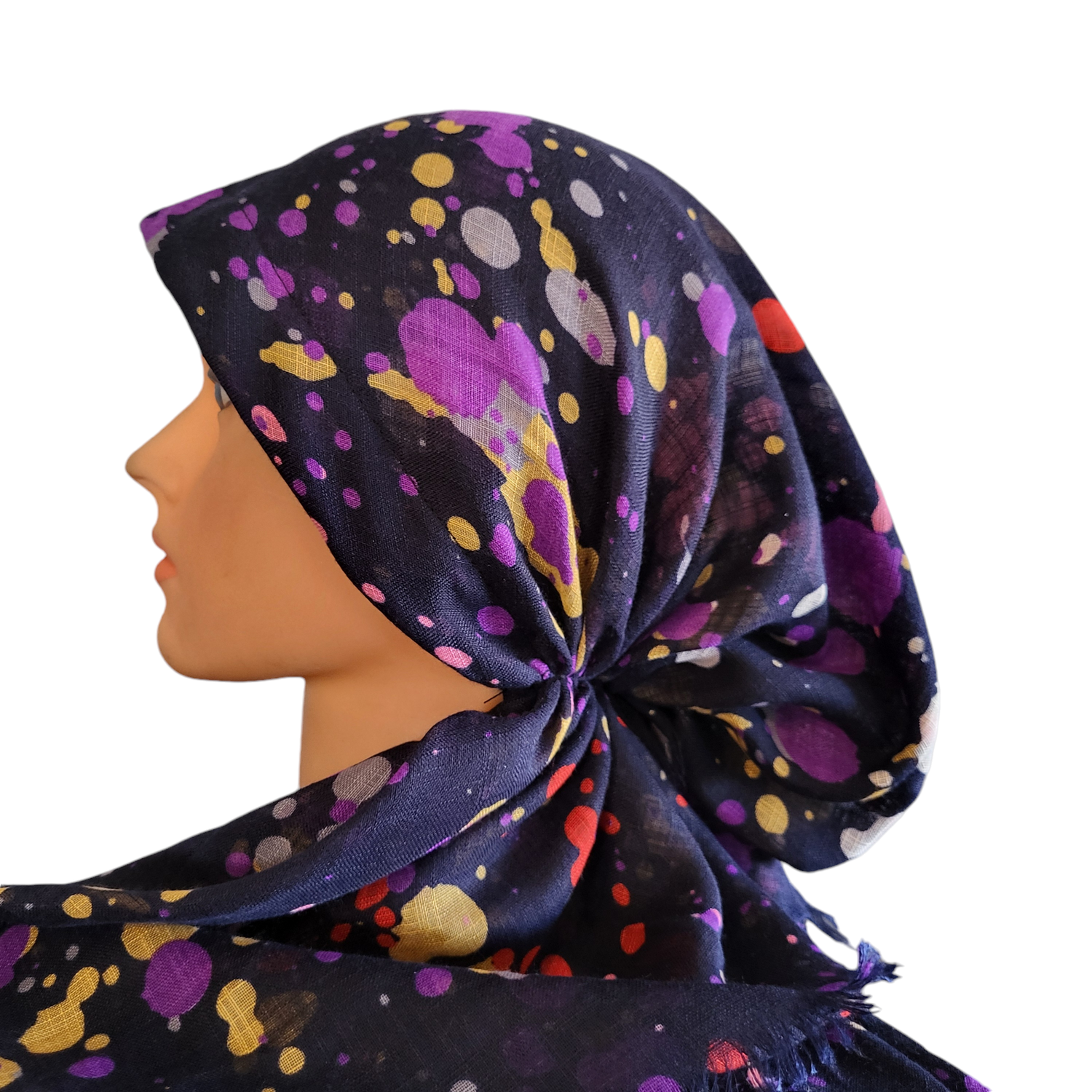 Navy/purple n' more paint spotted - soft fringes pretied tichel